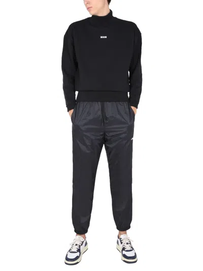 Msgm Casual Black Jogging Pants With Elastic Waistband And Side Logo In Blue