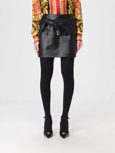 Versace Leather Mini Skirt With Buckle In Black