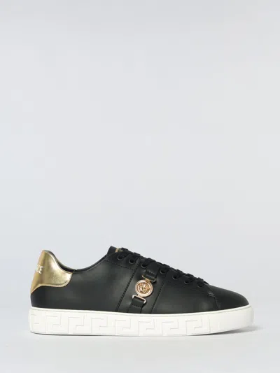 Versace Black Low Top Sneakers With Contrasting Heel With Logo Lettering And Medusa Plaque In Tech Fabric Ma In Black