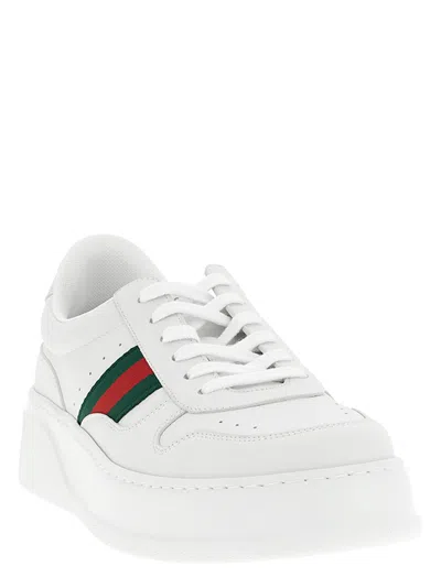 Gucci Men White Sneakers With Web Detail And Oversized Sole In Leather Man
