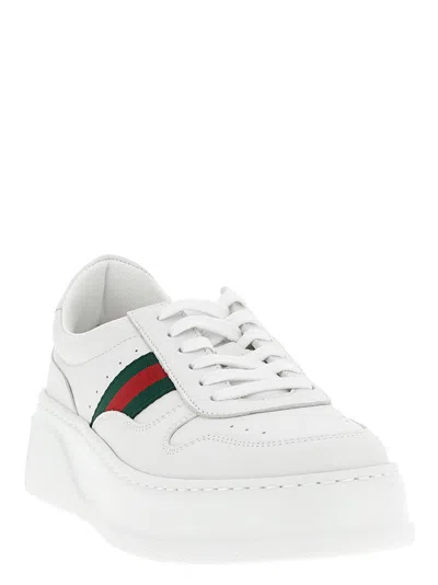 Gucci Women White Sneakers With Web Detail And Oversized Sole In Leather Woman