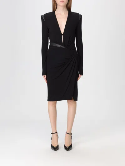 Versace Draped Long Sleeve Dress With Shoulder Pads In Black