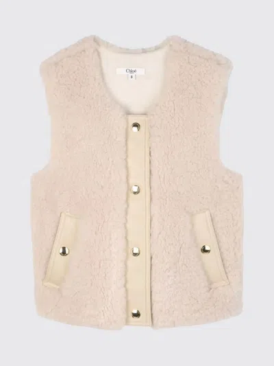 Chloé Dark Stone Sherpa Fleece & Faux Leather Trim Gilet  4-12 In Neutral