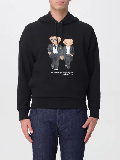 Polo Ralph Lauren Hooded Sweatshirt Featuring Bear Graphic And Ribbed Cuffs In Black