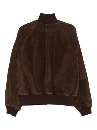 Baracuta Suede Track Jacket With Ribbed Collar And Cuffs In Brown