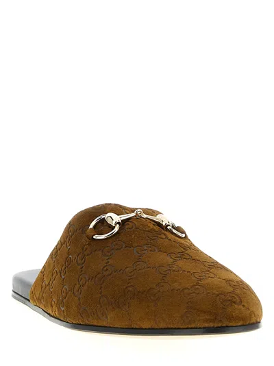 Gucci Sabot Suede Horsebit Flat Shoes Brown In Brown