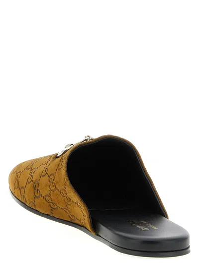 Gucci Sabot Suede Horsebit Flat Shoes Brown In Brown