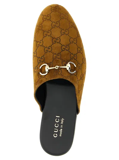 Gucci Sabot Suede Horsebit Flat Shoes Brown In Brown