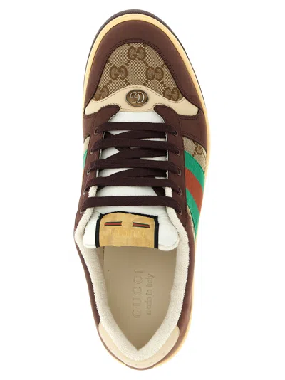 Gucci Leather And Gg Sneakers With Side Stripes In Brown