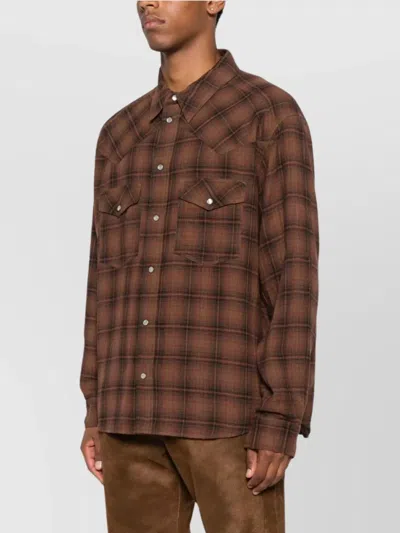 Isabel Marant Checked Long Sleeve Shirt With Chest Pockets In Brown