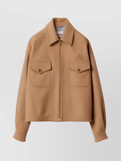 Miu Miu Camel Jacket With Pointed Collar And Pockets In Brown