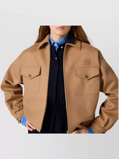 Miu Miu Camel Jacket With Pointed Collar And Pockets In Brown