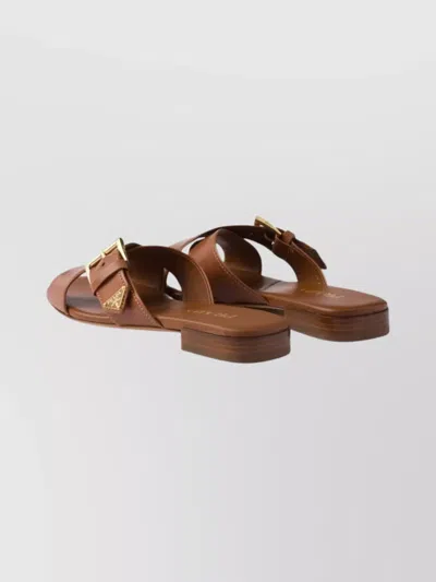 Prada Leather Crisscross Slides With Buckle Shoes In Brown
