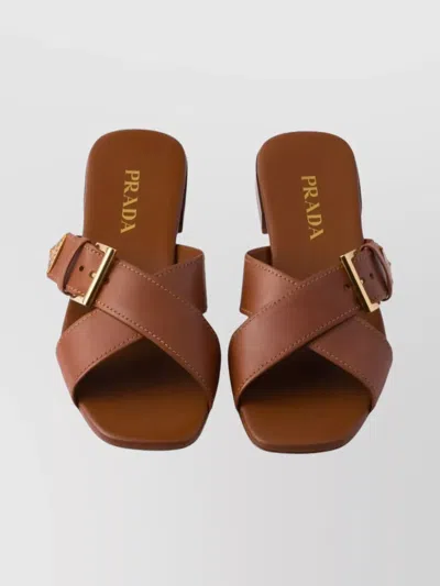Prada Leather Crisscross Slides With Buckle Shoes In Brown