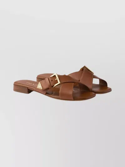 Prada Leather Crisscross Slides With Buckle Shoes In Brown