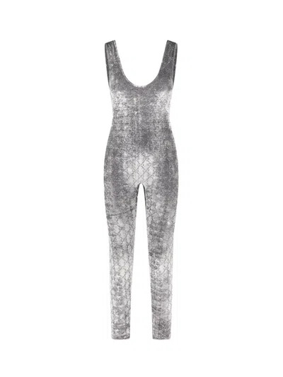 Gucci Women Stretch Chenille Jumpsuit With All-over Crystals In Gray