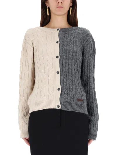 Moschino Cable Knit Color Block Long Sleeve Sweater In Black