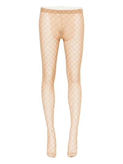 Gucci Sheer Monogram Patterned Hosiery With Elastic Waistband In Brown
