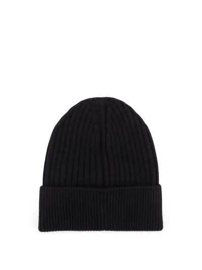 Moncler Black Ribbed Virgin Wool Knit Beanie In Blue