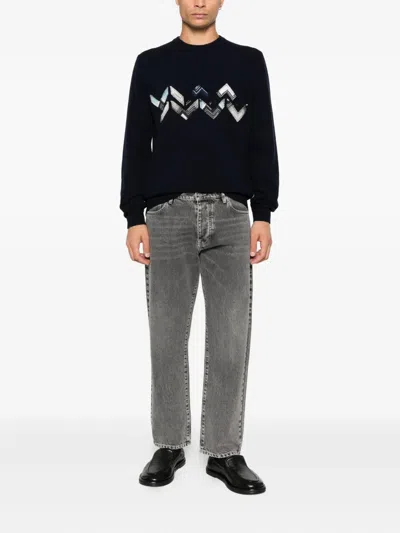 Missoni Knitted Crew Neck Sweater With Zigzag Detail In Black