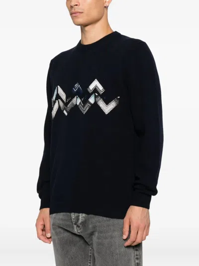 Missoni Knitted Crew Neck Sweater With Zigzag Detail In Black