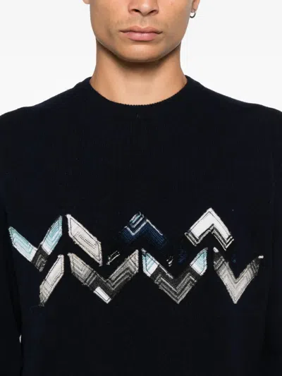 Missoni Knitted Crew Neck Sweater With Zigzag Detail In Black