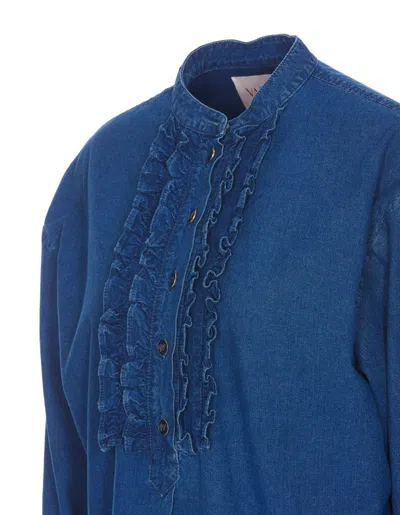 Valentino V-neck Ruffled Long Sleeves Top In Blue