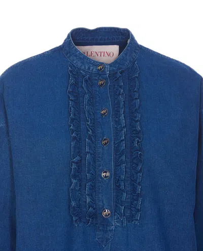 Valentino V-neck Ruffled Long Sleeves Top In Blue