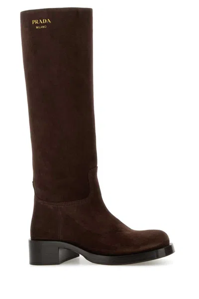 Prada Suede Knee-high Block Heel Boots In Brown