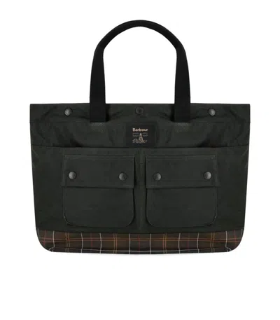 Barbour Field Waxed Sage Green Tote Bag In Neutral