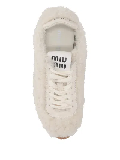 Miu Miu Lace-up Shoes With Faux Fur Texture In Neutral