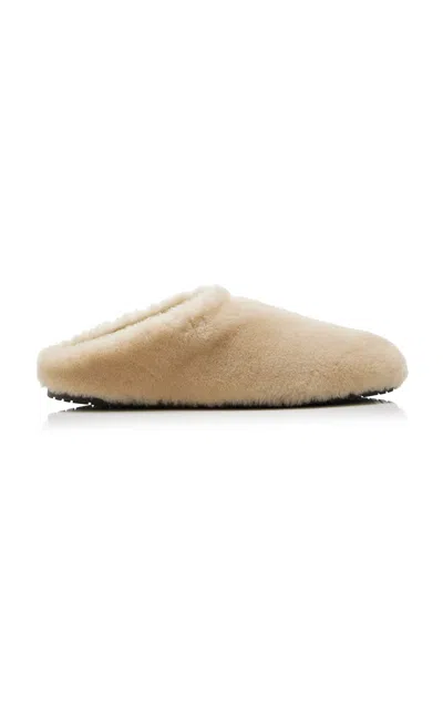 Prada Triangle-logo Shearling Mules In Neutral