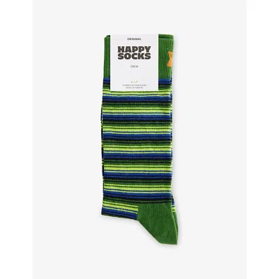 Happy Socks Mens Striped Cotton-blend Crew Socks Dark Green In Green