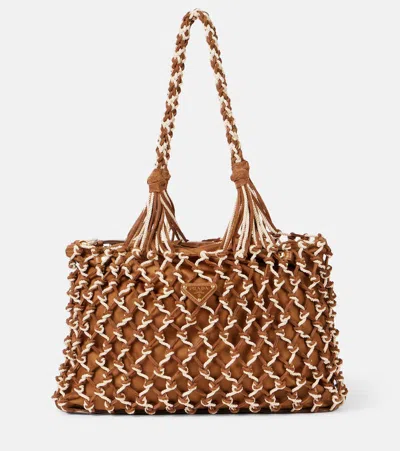 Prada Woven Suede-trimmed Tote Bag In Brown