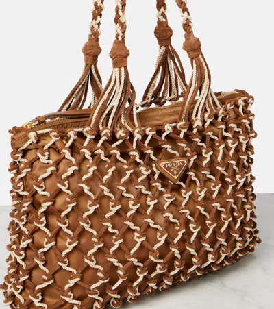 Prada Woven Suede-trimmed Tote Bag In Brown