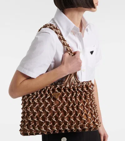 Prada Woven Suede-trimmed Tote Bag In Brown