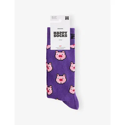 Happy Socks Mens Pigs Cotton-blend Crew Socks Purple In Purple