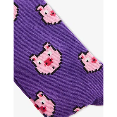 Happy Socks Mens Pigs Cotton-blend Crew Socks Purple In Purple