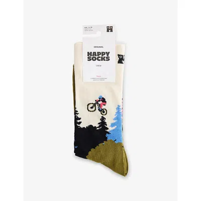 Happy Socks Mens Landscape Cotton-blend Crew Socks White In Animal Print