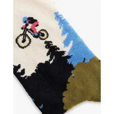 Happy Socks Mens Landscape Cotton-blend Crew Socks White In Animal Print