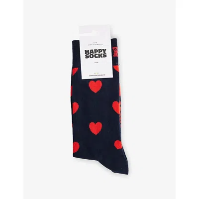 Happy Socks Mens Hearts Cotton-blend Crew Socks Navy In Multi