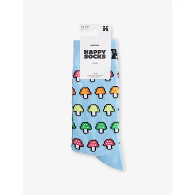 Happy Socks Mens Mushroom Stripe Crew-length Cotton-blend Socks Light Blue In Blue