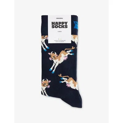 Happy Socks Mens Cow Crew-length Cotton-blend Socks Navy In Blue