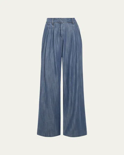 Ramy Brook Chambray Pleated Chambray Wide-leg Trousers In Blue