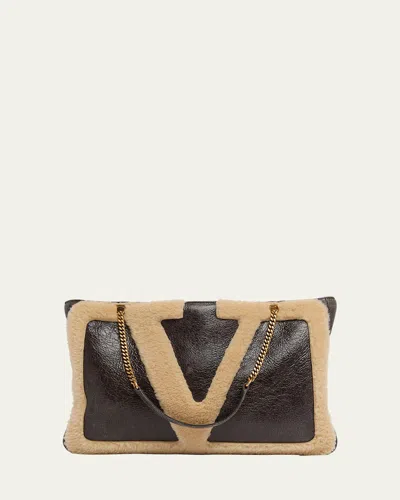 Valentino Viva Superstar Medium Shearling Shopping Shoulder Bag In Brown