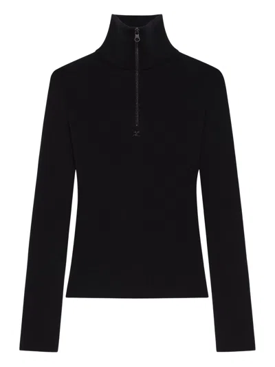 Courrèges Zipped Mockneck Sweater In Black