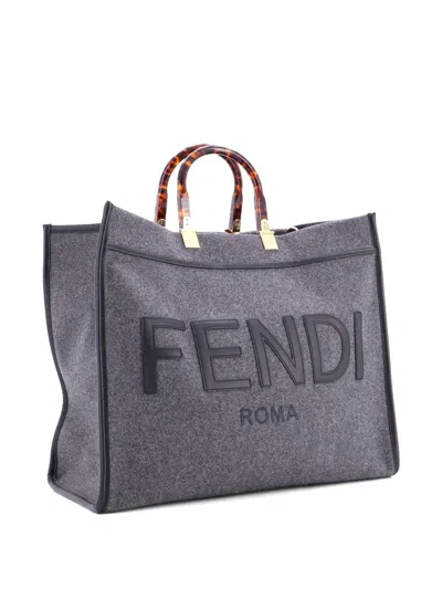 Pre-owned Fendi Sunshine Shopper Felt Medium Tote Bag In Gray