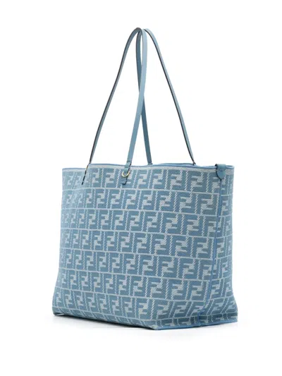 Pre-owned Fendi 2010-2025 Large Ff Pequin Ff Jacquard Reversible Roll Tote Bag In Blue