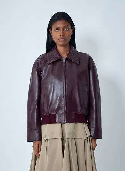 Bottega Veneta Women Bordeaux Crop Jacket With Intreccio Motif Collar And Dropped Shoulders In Leath In Multi