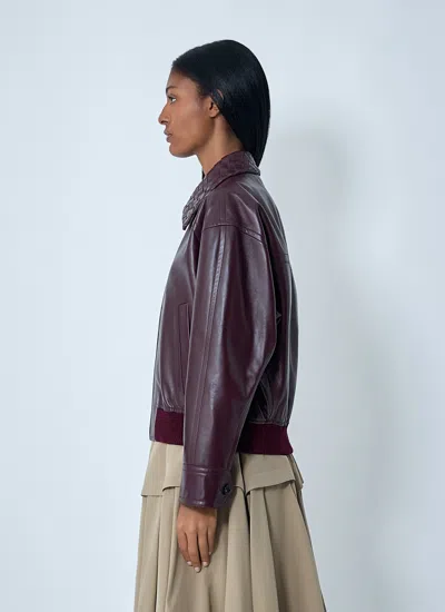 Bottega Veneta Women Bordeaux Crop Jacket With Intreccio Motif Collar And Dropped Shoulders In Leath In Multi